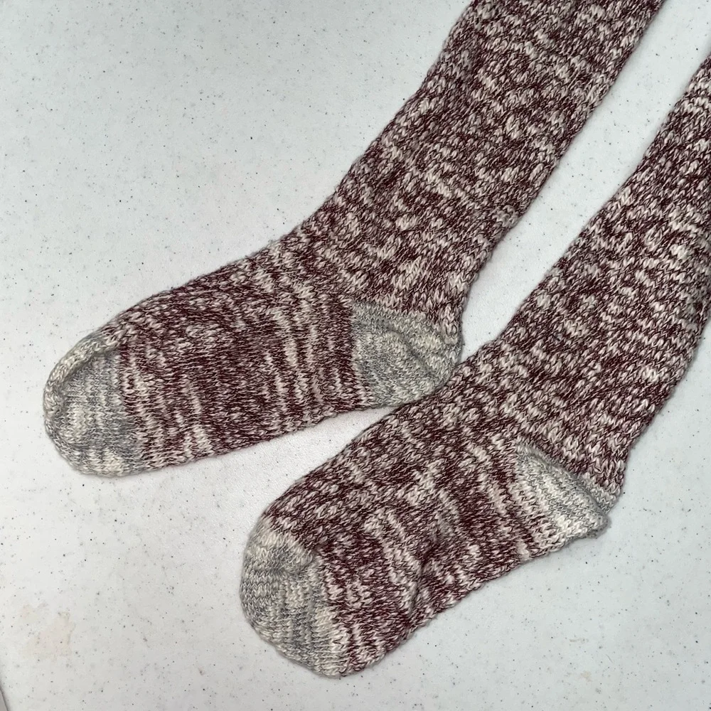Burgundy‎ Gray Knit Knee High Boot Socks Winter Cozy
